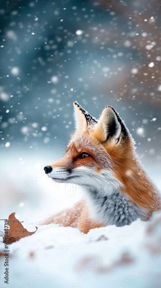 Serene scene of a fox navigating through a snowy landscape, with snowflakes gently settling on its fur and tranquil surroundings. Serene scene of a fox navigating through a snowy landscape, with snowflakes gently settling on its fur and tranquil surroundings.