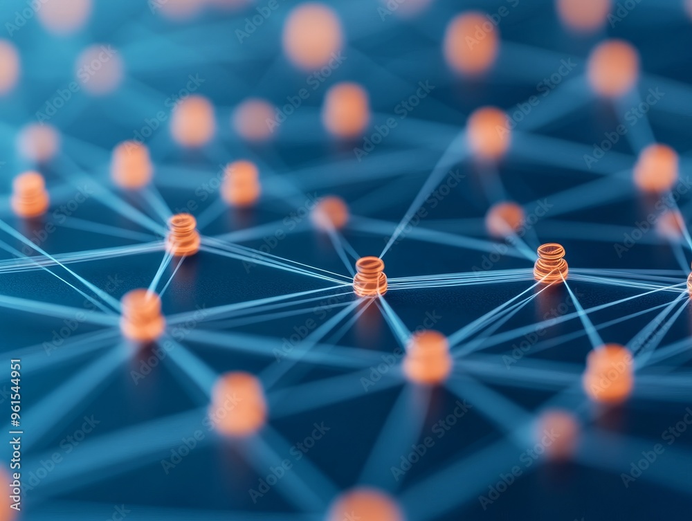 Abstract network connection with orange nodes and blue lines representing digital interactions and data flow in technology design. Abstract network connection with orange nodes and blue lines representing digital interactions and data flow in technology design.