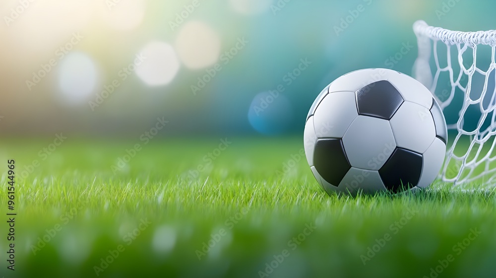 Fototapeta premium Soccer ball in goal. Goal net. Soccer border on green football grass field.