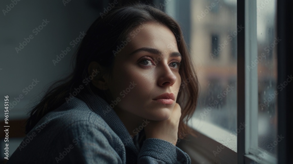 Sad woman is looking out of a window at home Sad woman is looking out of a window at home