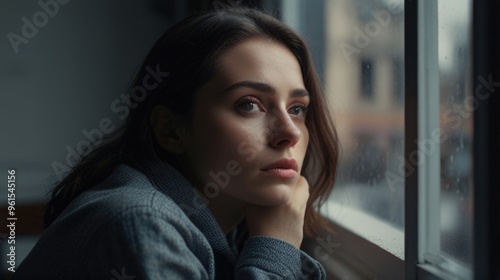 Sad woman is looking out of a window at home