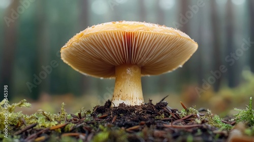 Close-up of a fresh, dewy mushroom with a detailed view of its gills and cap, set against a natural background of forest floor.