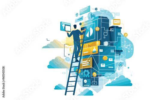 User Standing on Ladder Searching for Internet Connection, Frustrated by Wifi Unavailability and Hotspot Error