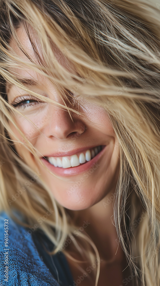 Joyful Woman with Windswept Hair and Radiant Smile in Natural Light Joyful Woman with Windswept Hair and Radiant Smile in Natural Light