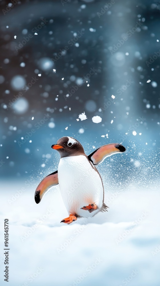 Fototapeta premium Charming penguin sliding across a snowy landscape, with snowflakes falling on its feathers and the wintery setting adding to the playful atmosphere.