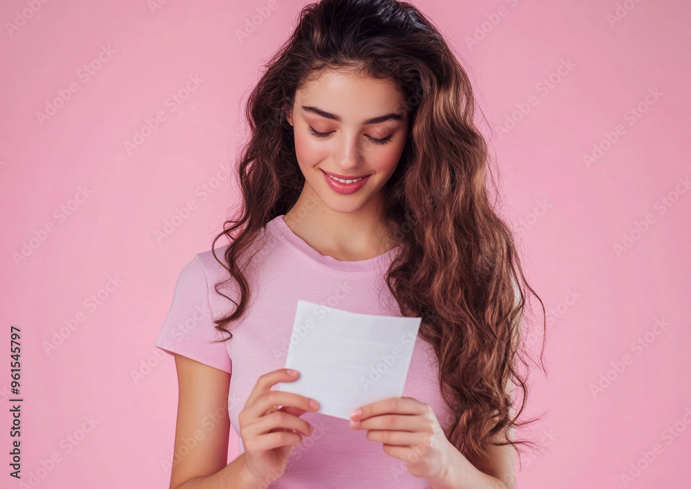 Happy smiling young beautiful woman reading a greeting postcard on pink background.Macro.AI Generative. Happy smiling young beautiful woman reading a greeting postcard on pink background.Macro.AI Generative.