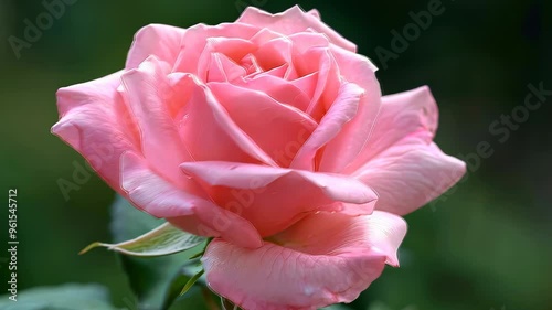 Pink rose in full bloom with green leaves, close-up shot. Nature and beauty concept