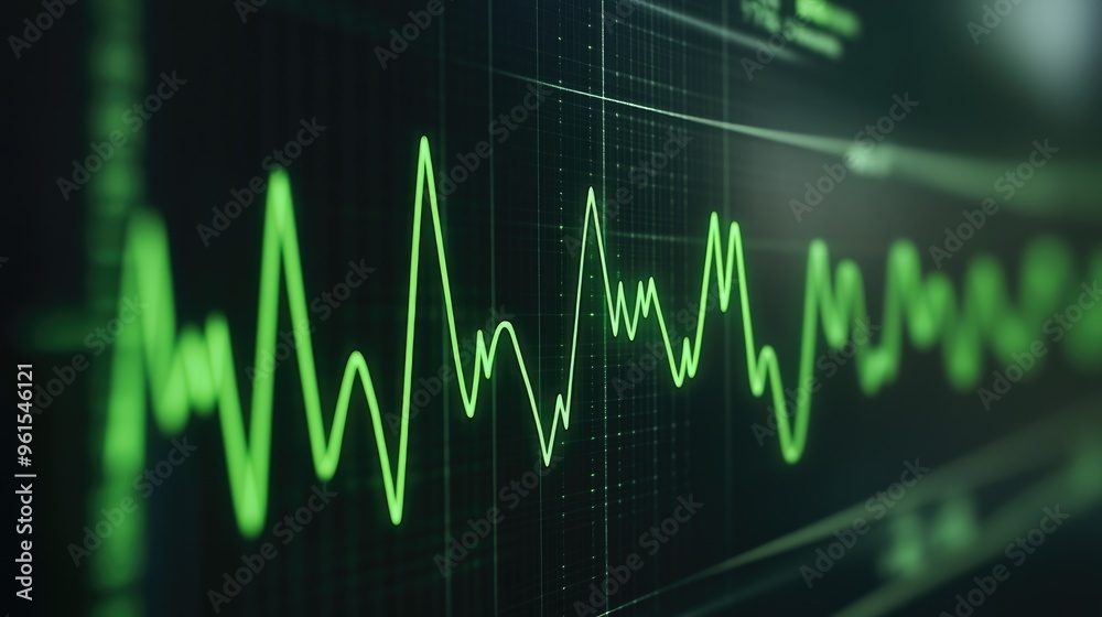 Close-up of a heart rate monitor displaying sharp green ECG waves on a black screen, indicating a healthy, steady heartbeat. Medical and healthcare setting. Close-up of a heart rate monitor displaying sharp green ECG waves on a black screen, indicating a healthy, steady heartbeat. Medical and healthcare setting.