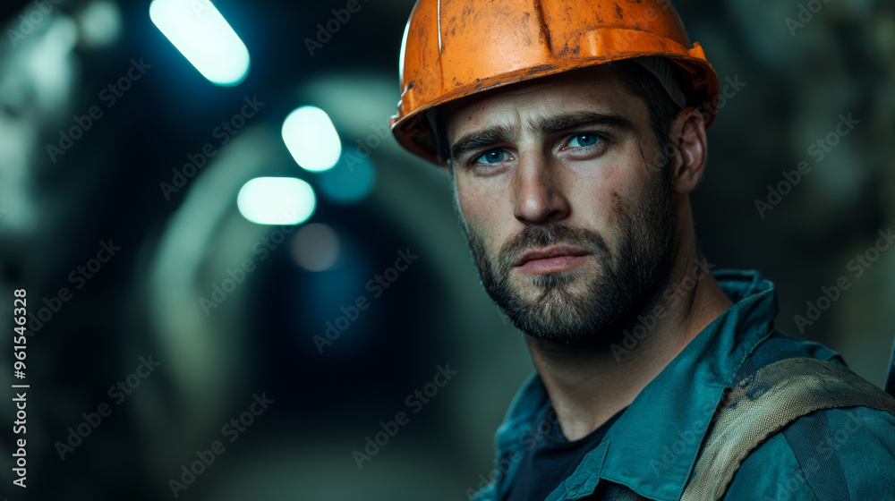 Rugged miner in dirty overalls and helmet holding a pickaxe in a dark underground tunnel, dim lighting Rugged miner in dirty overalls and helmet holding a pickaxe in a dark underground tunnel, dim lighting