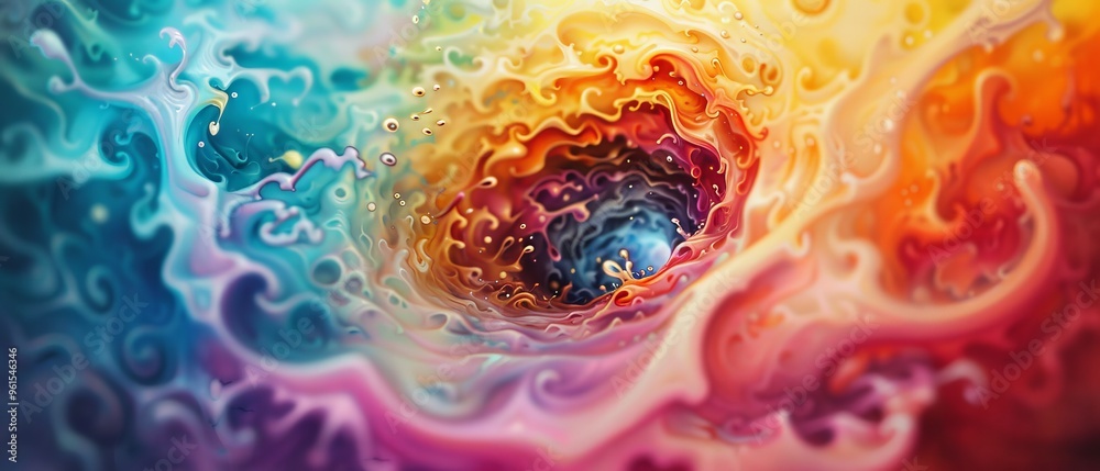  A tight shot of a multihued object with water beads in its core and a spiral design of blue, yellow, red, green, orange, yellow, purple, and pink h