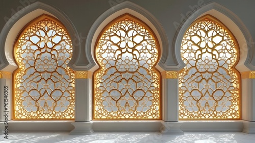 intricate golden arabesque patterns on pristine white background delicate filigree elegant islamic motifs subtle glow