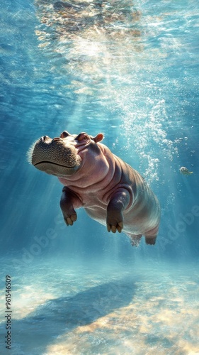 A hippopotamus diving into the sea, its substantial form contrasting with the clear, blue underwater world.
