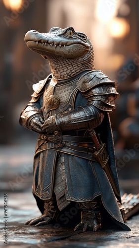 A crocodile as a knight in armor, standing gallantly in a medieval setting, embodying strength and bravery. photo