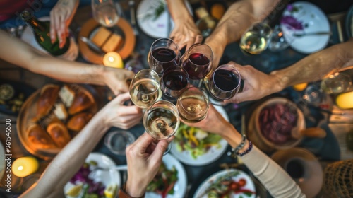 Group of happy adults at a dinner party, toasting to good times