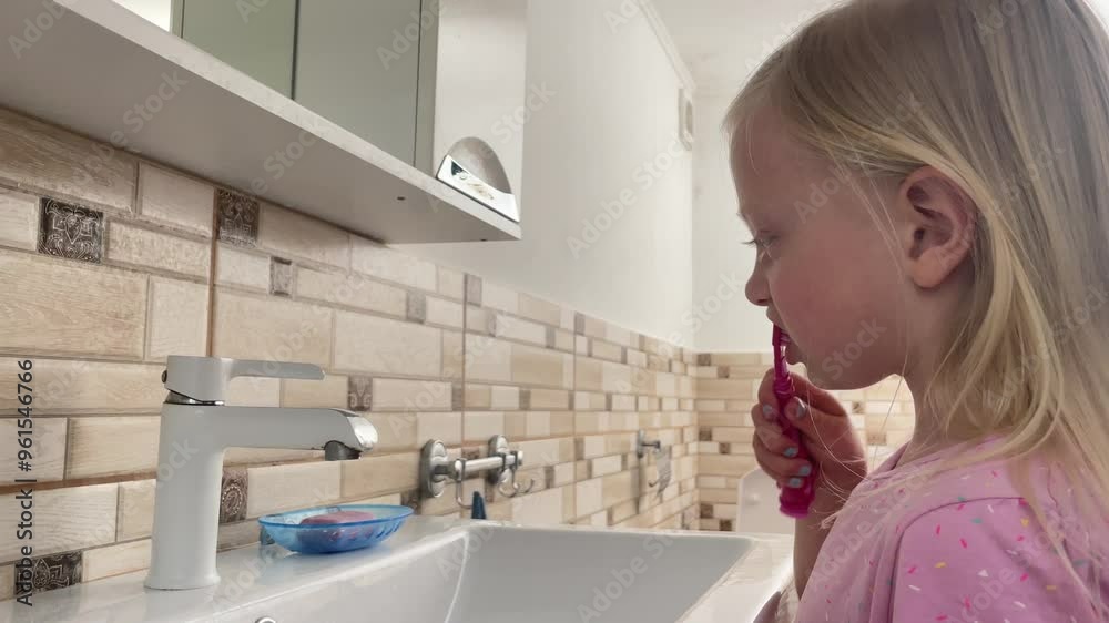 Young girl brushing her teeth in the bathroom, showcasing the importance of good oral hygiene and a healthy routine Young girl brushing her teeth in the bathroom, showcasing the importance of good oral hygiene and a healthy routine