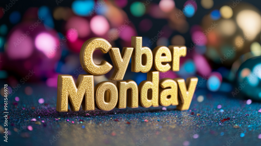 Shiny gold Cyber Monday text on a vibrant, festive background with colorful confetti, glitter, and digital sparkles Shiny gold Cyber Monday text on a vibrant, festive background with colorful confetti, glitter, and digital sparkles