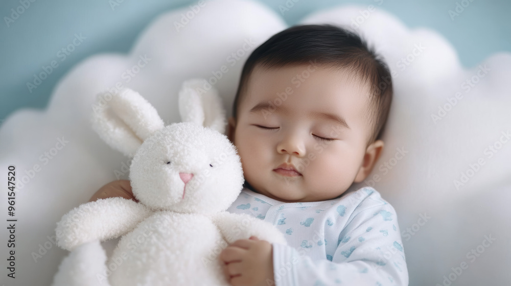 Sleepy Chinese baby in soft pastel pajamas hugging a plush bunny on a cloud-like bed, dreamy atmosphere Sleepy Chinese baby in soft pastel pajamas hugging a plush bunny on a cloud-like bed, dreamy atmosphere