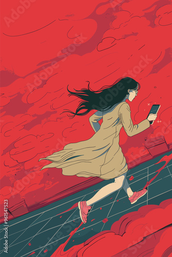 Woman Running Away from Mobile Phone to Escape Social Media Fatigue and Smartphone Addiction