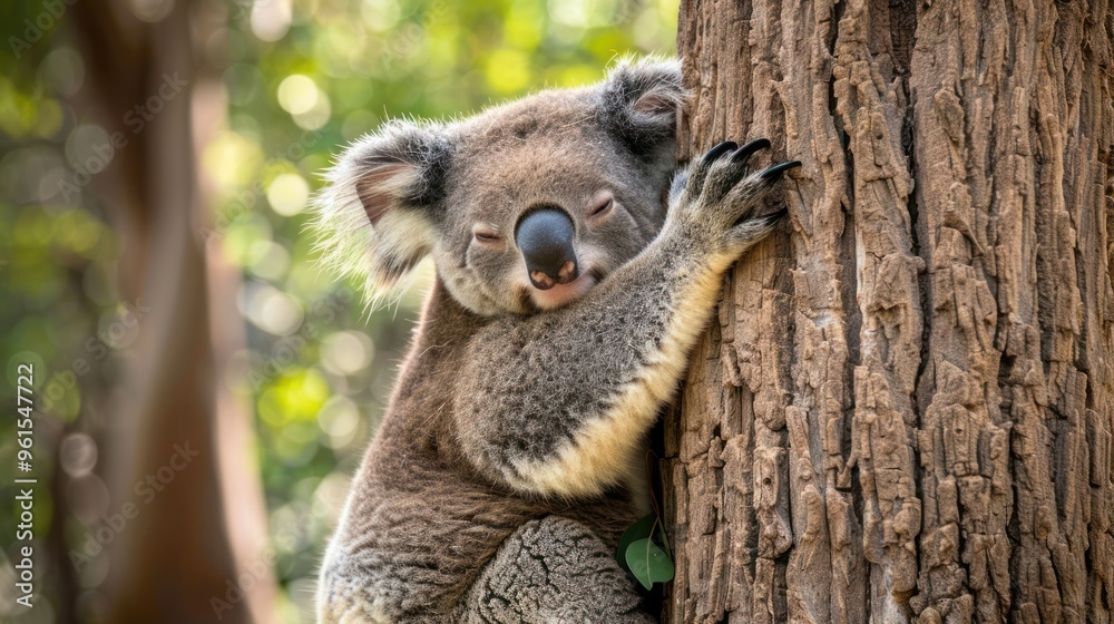 Fototapeta premium Cute wildlife, a koala hugging a tree, looking sleepy and content