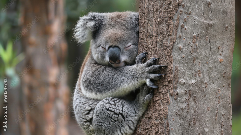 Obraz premium Cute wildlife, a koala hugging a tree, looking sleepy and content