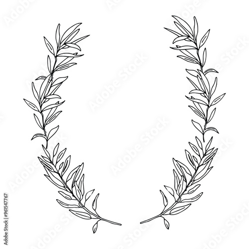 Olive Wreath. Hand drawn Vector illustration, floral Line art. Can be used for Logos, cards and packaging design.