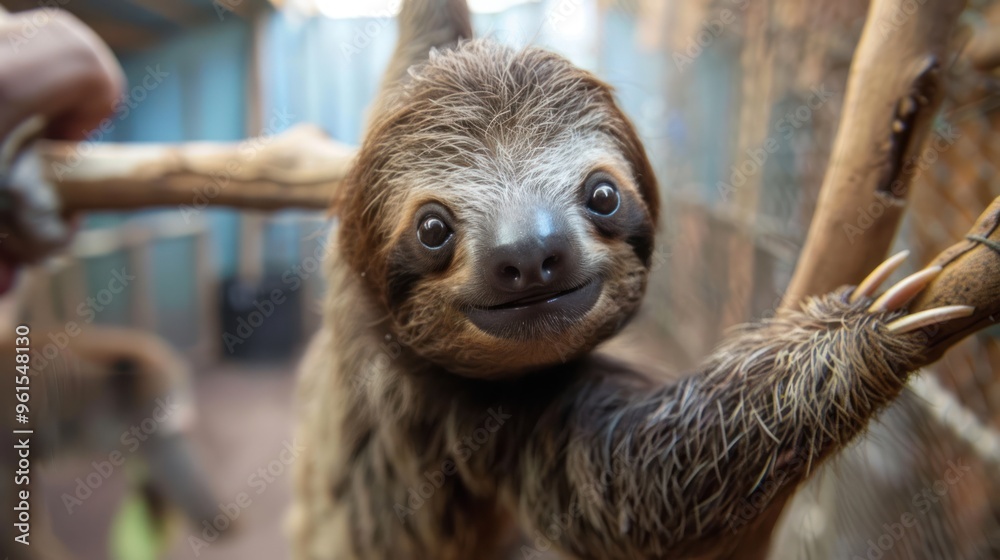 Cute animal selfies, a baby sloth hanging from a branch, looking at the camera Cute animal selfies, a baby sloth hanging from a branch, looking at the camera