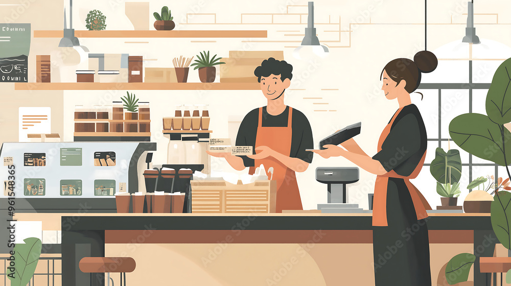 Illustration of barista team working in cozy coffee shop, modern scene, teamwork, customer service, barista preparing coffee, friendly atmosphere, small business, coffee culture
Illustration of barista team working in cozy coffee shop, modern scene, teamwork, customer service, barista preparing coffee, friendly atmosphere, small business, coffee culture