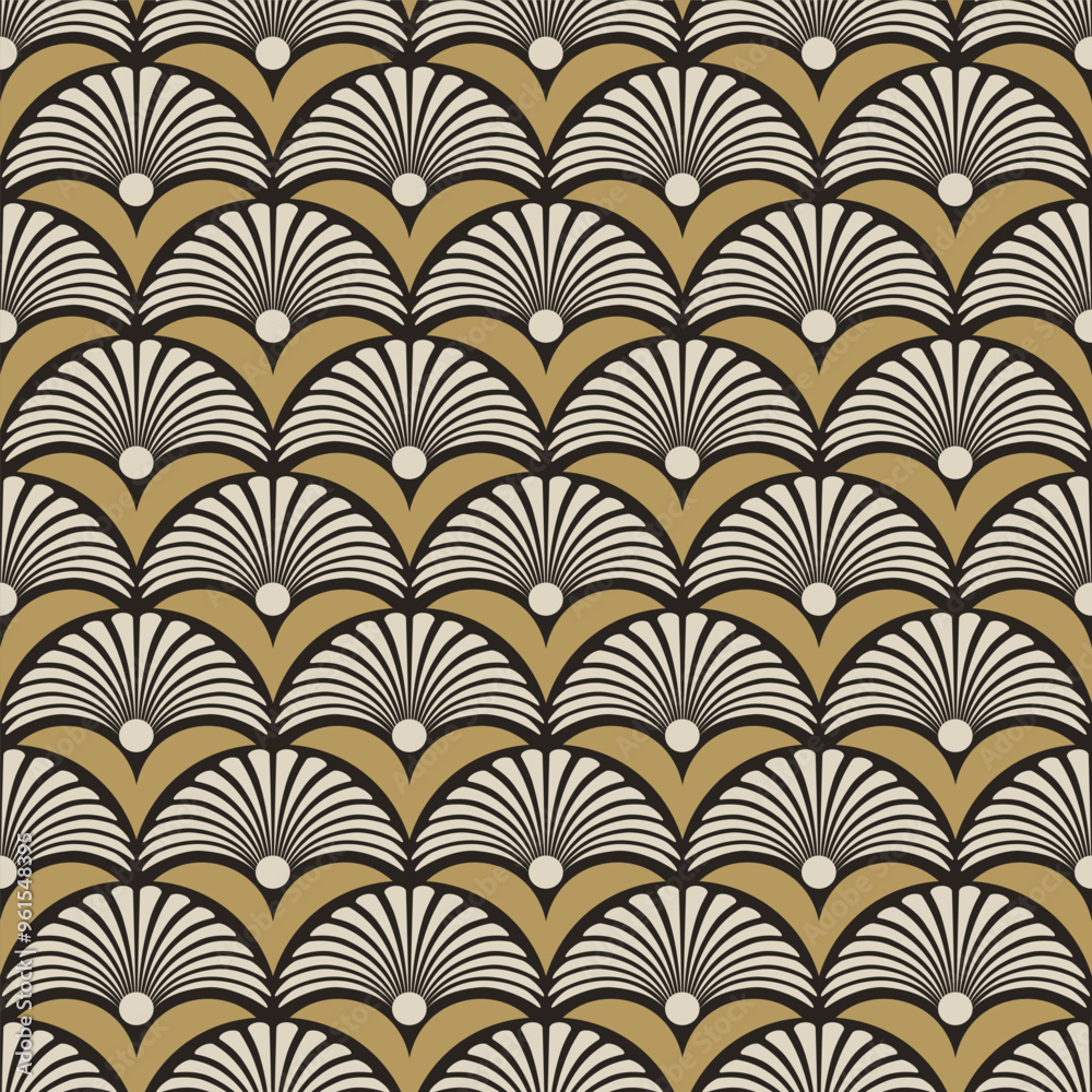 Gold Palm Art Deco Scale Border Seamless Vector Repeat Pattern