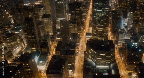 Nighttime aerial view of a city’s financial district.
