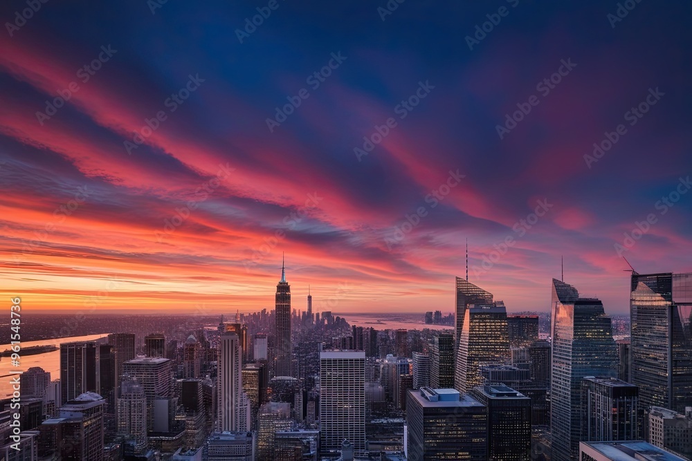 Obraz premium Vibrant Urban Skyline at Sunset: Panoramic View and Textured Silhouettes