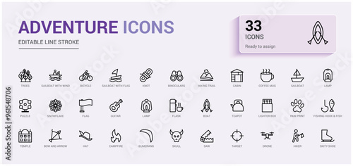 Adventure icon collection. Campfire, climbing, travel and canoeing icons. Outline icon collection, line icon set for web and ui. Editable stroke. Vector illustration with icon names