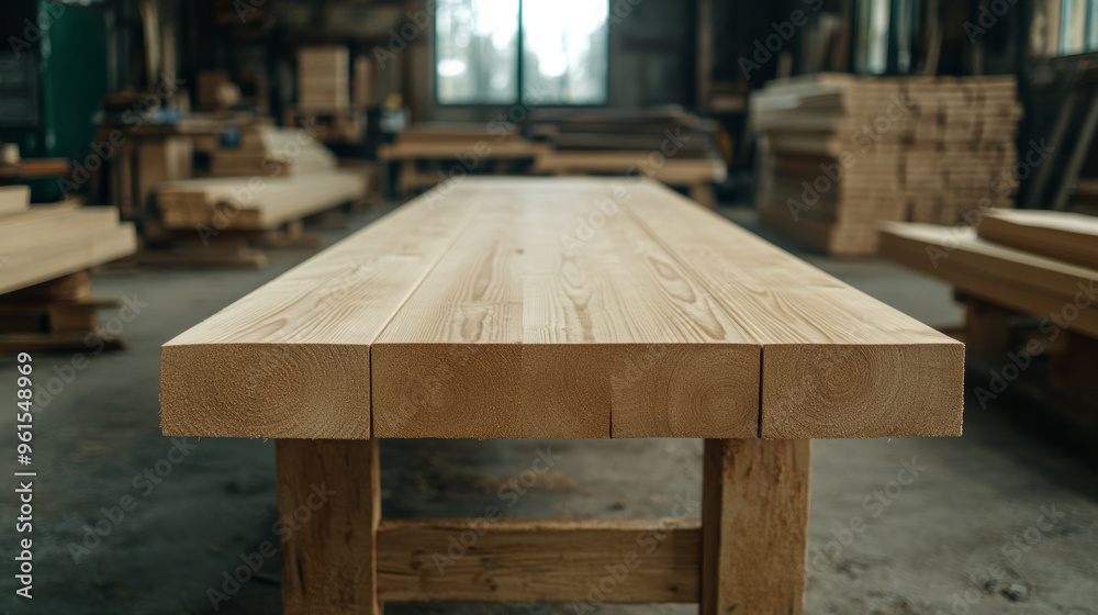 Sturdy wooden saw horses supporting large planks of timber in a workshop surrounded by tools ready for work Sturdy wooden saw horses supporting large planks of timber in a workshop surrounded by tools ready for work