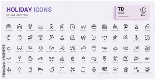 Set of holidays icons. Thin linear style icons Pack. Outline icon collection, line icon set for web and ui with icon names. Vector Illustration
