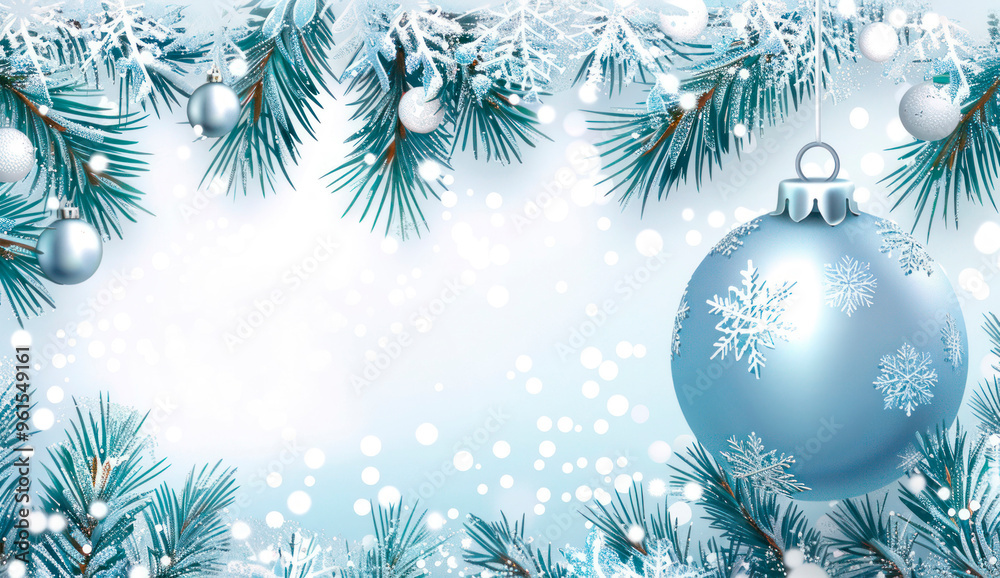 Merry Christmas postcard with snow and tree balls and copy space Merry Christmas postcard with snow and tree balls and copy space