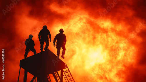 Sunset silhouette of oil rig with workers climbing ladders against a fiery sky background  photo