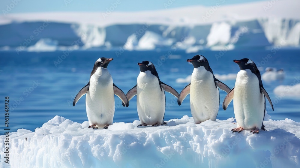 Fototapeta premium A charming group of four penguins standing together on an icy surface, set against a stunning blue Antarctic backdrop.