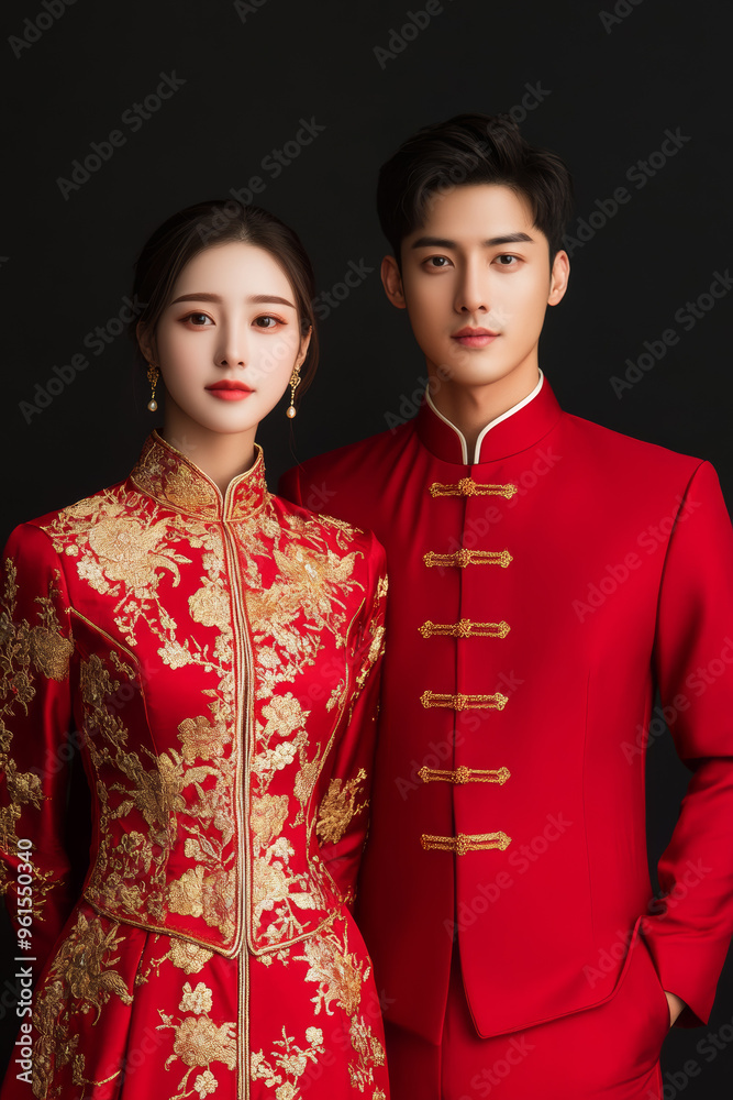 Traditional Chinese couple models in elegant silk attire vibrant red and gold embroidery serene poses empty background Traditional Chinese couple models in elegant silk attire vibrant red and gold embroidery serene poses empty background