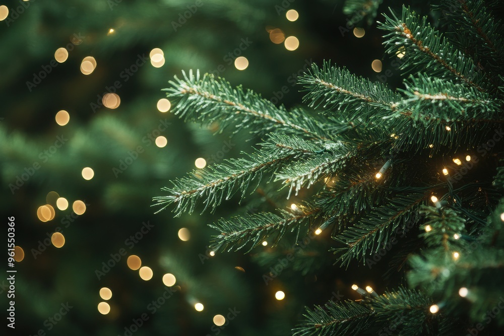 A close-up of lush green Christmas tree branches adorned with tiny white lights. A close-up of lush green Christmas tree branches adorned with tiny white lights.