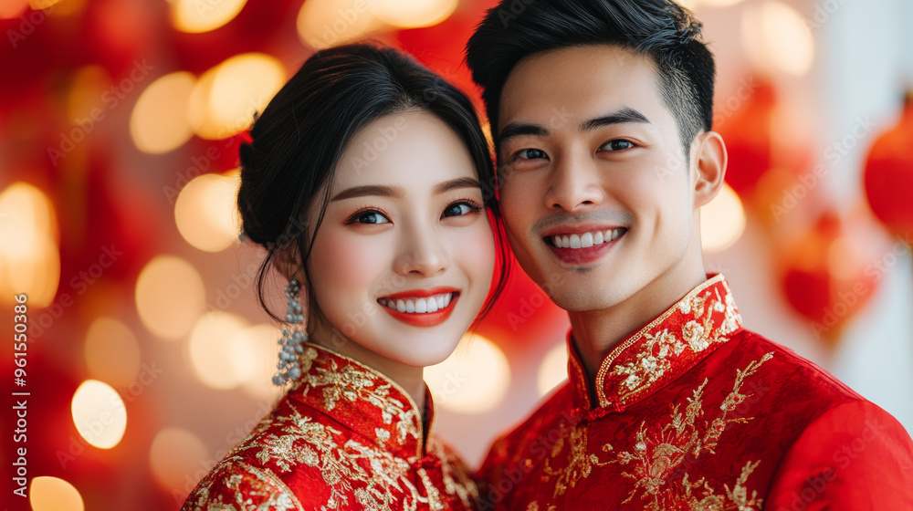 Traditional Chinese couple models wearing red and gold New Year attire, smiling joyfully against festive lantern backdrop Traditional Chinese couple models wearing red and gold New Year attire, smiling joyfully against festive lantern backdrop