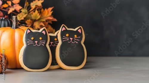 Halloween dessert table with black cat cookies, dim lighting, Watercolor style