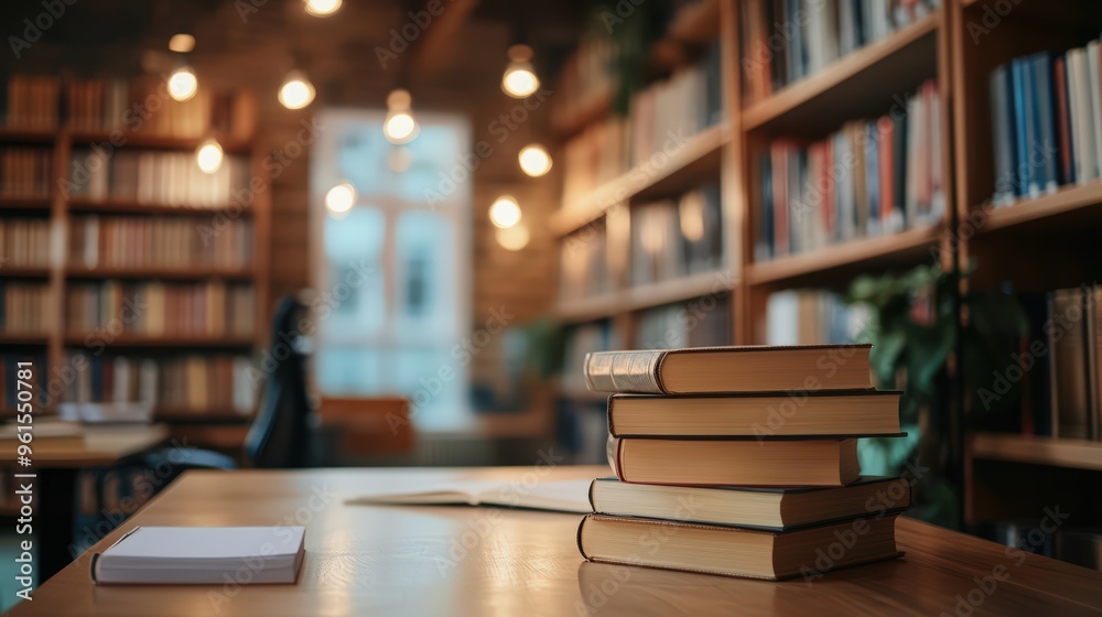 Education illustration featuring a stack of books on a desk with a library background