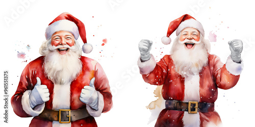 Two Santa claus looking enjoy to Christmas. Watercolor in bright christmas colors. 