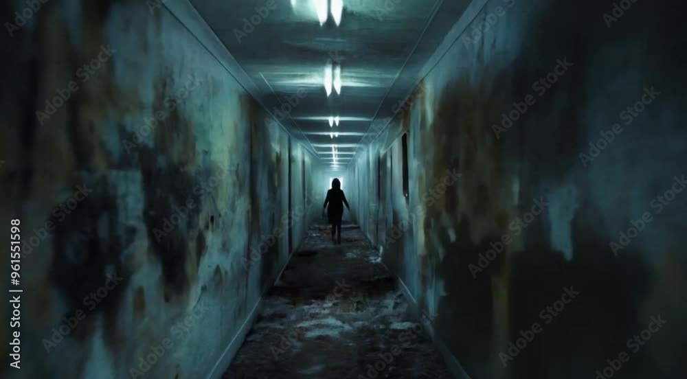 Silhouette of person walking through dark corridor
