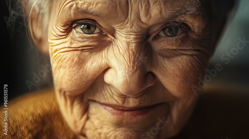 Close-up of an elderly woman with gentle wrinkles and a warm smile, showcasing her wisdom and grace. Soft, natural lighting highlights her features.