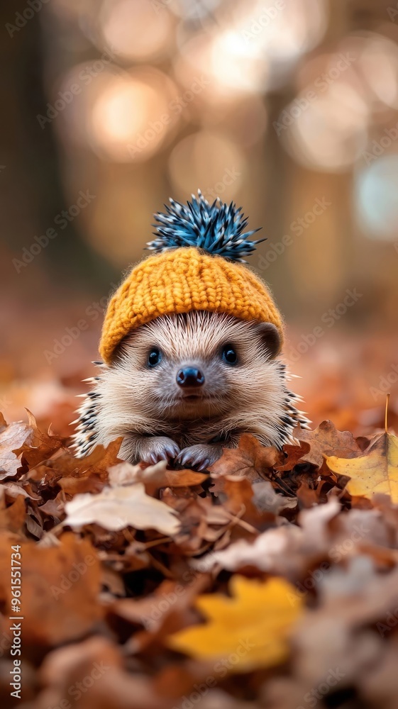 Naklejka premium A hedgehog with a vibrant hat sitting on autumn leaves in a cozy forest.