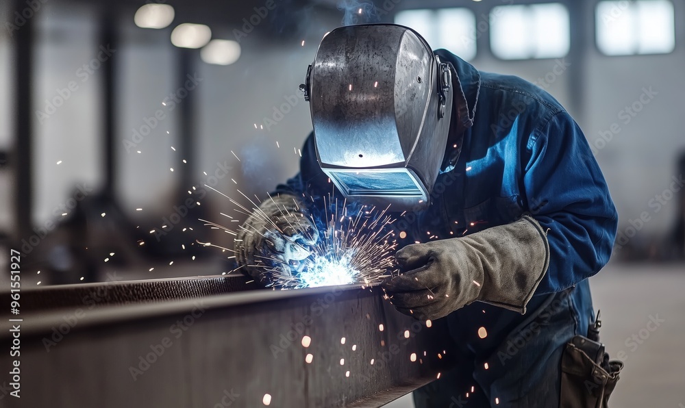 A professional welder in full protective gear, including a helmet and gloves, creates sparks while welding a metal surface in a well-lit industrial facility A professional welder in full protective gear, including a helmet and gloves, creates sparks while welding a metal surface in a well-lit industrial facility