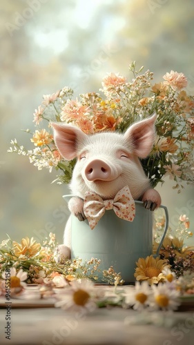 A pig with a cute bowtie rolling in a sunny meadow full of colorful wildflowers.