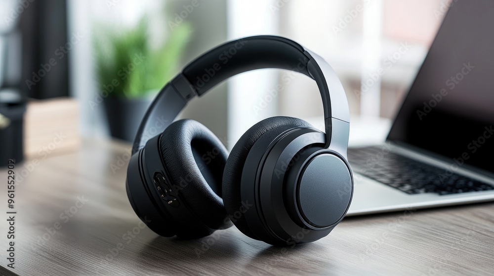 Close-up of high-quality headphones resting on a desk with a laptop, showcasing their sleek design and premium materials. Close-up of high-quality headphones resting on a desk with a laptop, showcasing their sleek design and premium materials.