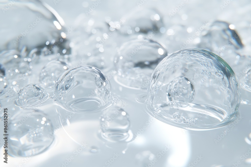 A close-up view of clear, transparent bubbles clustered together on a smooth A close-up view of clear, transparent bubbles clustered together on a smooth