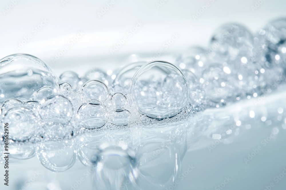 A close-up view of clear, transparent bubbles clustered together on a smooth